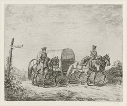 Two soldiers on horseback on the road, print maker: Christiaan Wilhelmus Moorrees, 1811 - 1867