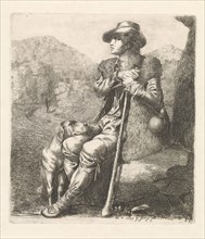 Resting shepherd with dog, print maker: George Jooss