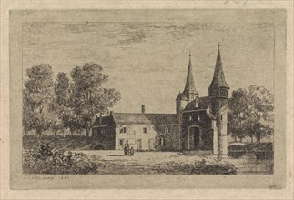 A woman and a child at the East Gate in Delft, The Netherlands, print maker: Gijsbertus Johannes