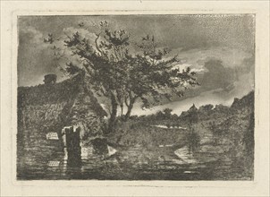 River Landscape with a dilapidated farmhouse, which is partly in the water, in the foreground two