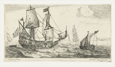 A large sailing ship, a pinnace, and a smaller ship, on the water, three large ships, a village