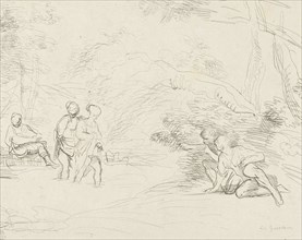 Bathing women by men spied, print maker: Charles Joseph Emmanuel de Ligne, Guercino, 1774 - 1792