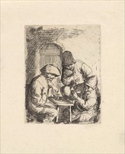 Three men and an empty jar, Jacob Laurensz. van der Vinne, Adriaen van Ostade, 1699
