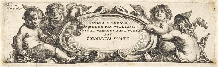 Four putti around a cartouche, print maker: Anonymous, Cornelis Schut I, unknown, 1618 - 1705
