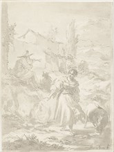 Shepherd sits on a rock and plays pipe, a shepherdess, goats, print maker: Jurriaan Cootwijck,