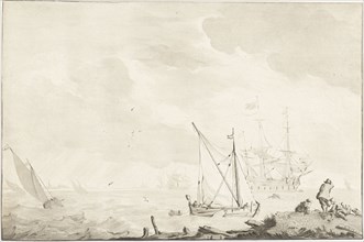 Warship at the beach, Jurriaan Cootwijck, Ludolf Bakhuysen, 1724 - 1798