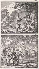 Abraham receives the three angels, Lot leaves Sodom, print maker: Jan Luyken, Barent Visscher,
