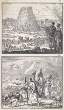 Construction of the Tower of Babel, Abraham and Lot leave their homeland, Jan Luyken, Barent