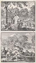 Adam and Eve in paradise, Abel beaten by Cain, Jan Luyken, 1698