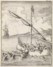 Fight at a Malaysian canoe in the Bay of Siam, Thailand, Caspar Luyken, Abraham de Hondt, 1698