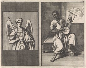 Angel with sword, Moor plays five stringed instrument, Jan Luyken, 1698