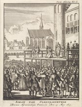 Johan van Barneveld kneels on the scaffold for his beheading, 1619, Jan Luyken, Jan Claesz ten
