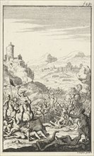 Fight between the armies of Poliarchus and Ambiodorix, Jan Luyken, Jan Claesz ten Hoorn, 1681