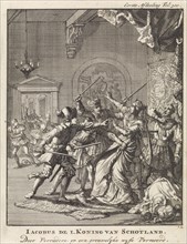 James I of Scotland is killed by traitors cruelly, 1437, Jan Luyken, Jan Claesz ten Hoorn, 1698