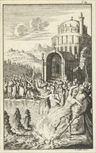 Alcidamis slain by flames that rise from the water, Jan Luyken, Jan Claesz ten Hoorn, 1681