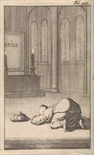 Interior of a mosque with a figure kneeling in prayer, Caspar Luyken, Timotheus ten Hoorn, 1696