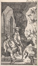Don Quichotte and Sancho ride past a smithy which they think is the entrance to hell. Caspar