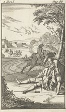 Mirandor finds a wounded man near Arras, France, Caspar Luyken, Pieter van Rijschooten, 1695