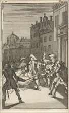 Mirandor and Belindor in Paris attacked by disguised men on a street, print maker: Caspar Luyken,