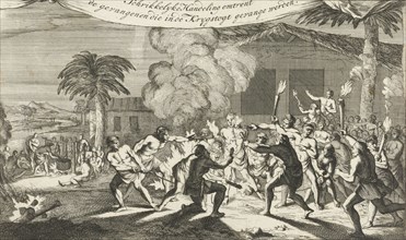Indians torturing a prisoner with burning torches, Caspar Luyken, Jan Claesz ten Hoorn, 1695