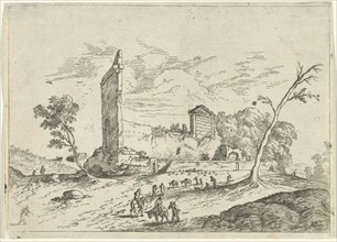 Landscape with Roman ruins and donkey herders, attributed to Jan van Ossenbeeck, 1647 - 1674