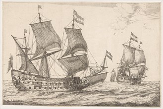 Two large warships, print maker: Anonymous, Reinier Nooms, 1650 - 1714