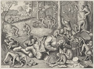 Marskramer robbed by monkeys, Pieter van der Heyden, Joannes Galle, 1562
