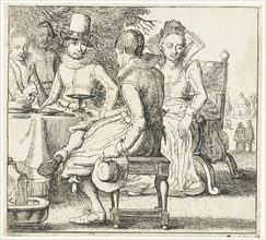 Five people sitting around a table on a terrace, Esaias van de Velde, Anonymous, 1613-1680