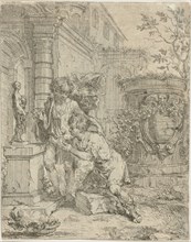 Two boys at statuette of Venus, Lodewijk de Deyster, 1666 - 1711