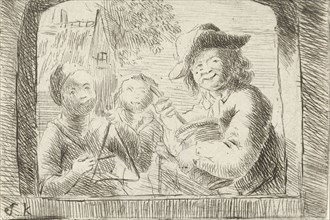 Rommelpot, a friction drum player and two children in a niche, Simon Klapmuts, 1744-1780