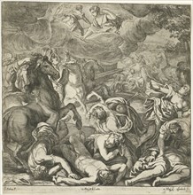 Apollo and Diana kill the children of Niobe, print maker: Jan van Ossenbeeck, Nikolaas van Hoy,