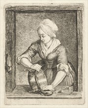 A woman polishing a kettle, Louis Bernard Coclers, 1780
