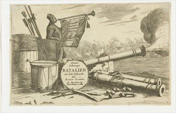 Title page with the equipment of a warship and a trumpet player, Reinier Nooms, 1652 - 1656