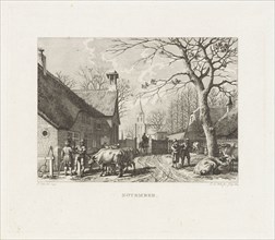 Farmers negotiate near oxen in a village, print maker: Izaak Jansz. de Wit, 1807, Jacob Cats,
