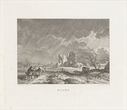 Landscape with ruins and a farmer plowing in the rain, Izaak Jansz. de Wit, 1805