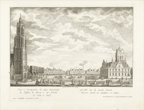 View of the Market with New Church and Town Hall in Delft, The Netherlands, print maker: Iven