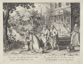 Return of the prodigal son, Claes Jansz. Visscher (II), David Vinckboons, 1608