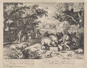 Prodigal son as a swineherd, print maker: Claes Jansz. Visscher II, David Vinckboons, 1608