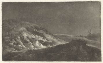 Dune landscape with a church tower in the background and a mill, print maker: Arnout Rentinck, 1722