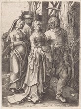 Two couples in the woods, print maker: attributed to Johannes Wierix, Lucas van Leyden, 1559 -