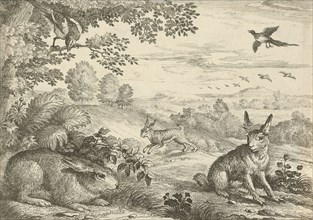 Three rabbits in a landscape, Jan Griffier (I), Pierce Tempest, 1680 - 1694