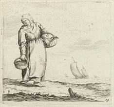 Dune landscape with a woman carrying two baskets, Gillis van Scheyndel I, Jan Porcellis, 1603-1653