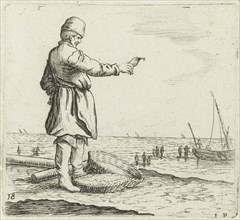 Dune landscape with a fisherman with fish in hand, Gillis van Scheyndel (I), 1603 - 1653