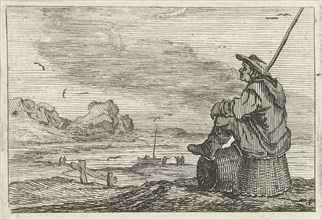 Dune landscape with a man sitting on two baskets, Gillis van Scheyndel (I), Jan Porcellis, 1645