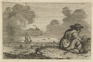 Dune landscape with a man sitting in a basket, Gillis van Scheyndel (I), Jan Porcellis, 1645