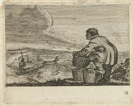 Dune landscape with a man with three baskets, Gillis van Scheyndel (I), Jan Porcellis, 1645
