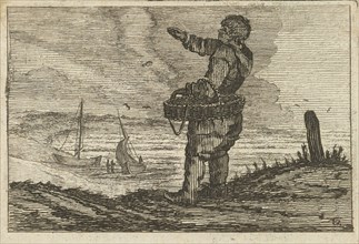 Dune landscape with a waving man, carrying a basket, Gillis van Scheyndel (I), Jan Porcellis, 1645