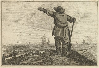 Dune landscape with a waving man leaning on a shovel, Gillis van Scheyndel (I), Jan Porcellis, 1645