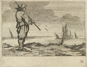 Dune landscape with a man watching a ship, Gillis van Scheyndel (I), Jan Porcellis, 1645