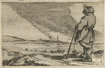 Dune landscape with a man who overlooks the sea, Gillis van Scheyndel (I), Jan Porcellis, 1645